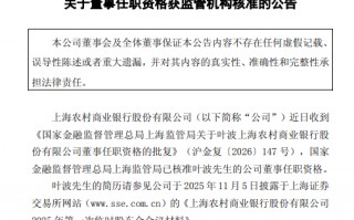 杭州沪农商行：董事叶波任职资格获监管机构核准