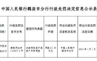 杭州农业银行鹤岗分行被罚25.05万元：未按照规定开展客户尽职调查