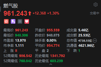 杭州港股燃气股午后快速拉升，大众公用现涨超23%