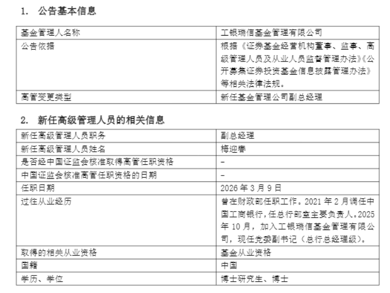 杭州工银瑞信基金迎新副总经理 曾于财政部任职