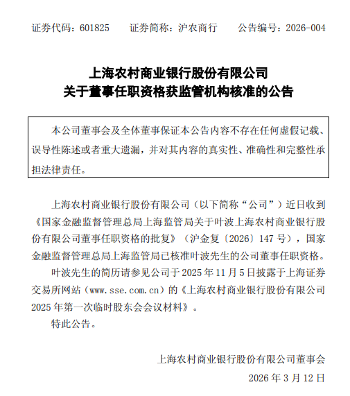 杭州沪农商行：董事叶波任职资格获监管机构核准