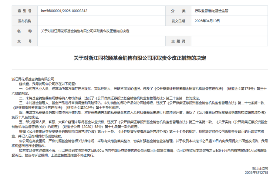 杭州同花顺五项违规收罚单，“最严基金销售规范”倒逼行业生态重塑